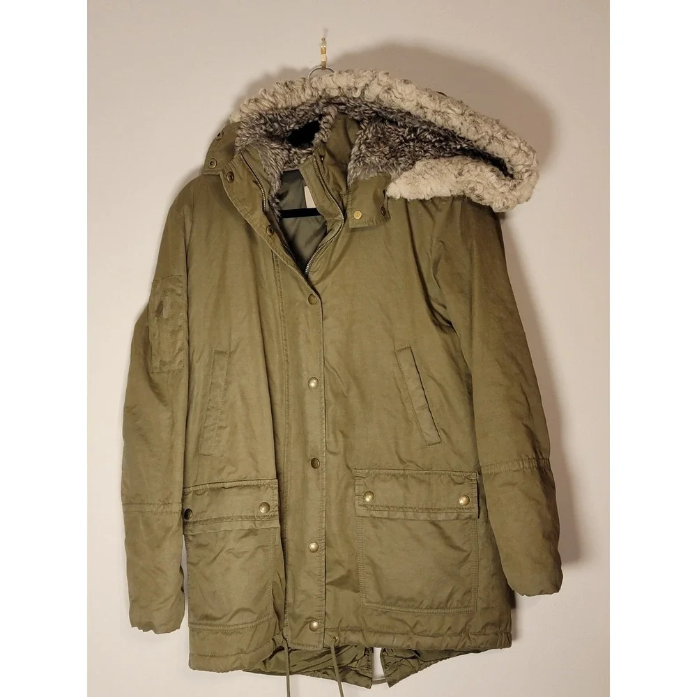 Banana Republic Faux Fur-lined Hooded Parka Coat Jacket Full Zip‎ Olive Green XS